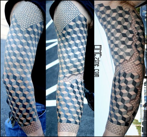 Bricks Blocks Optical Illusion Tattoo On Sleeve